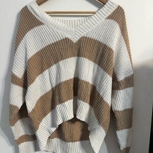 AE Striped V-Neck Sweater - White and Tan